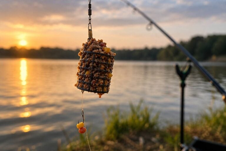 Feeder hranilica puna primame visi na najlonu uz jezero